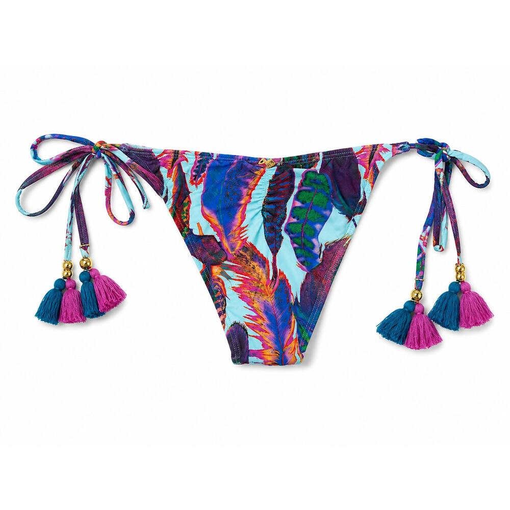PQ Swim Vida Boho Feather Print String Bikini Bottom Low Rise Tassel Tie Side